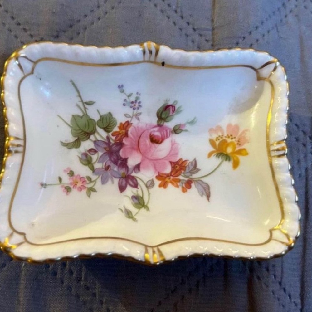 Floral Porcelain Trinket Dish with Gold Accents